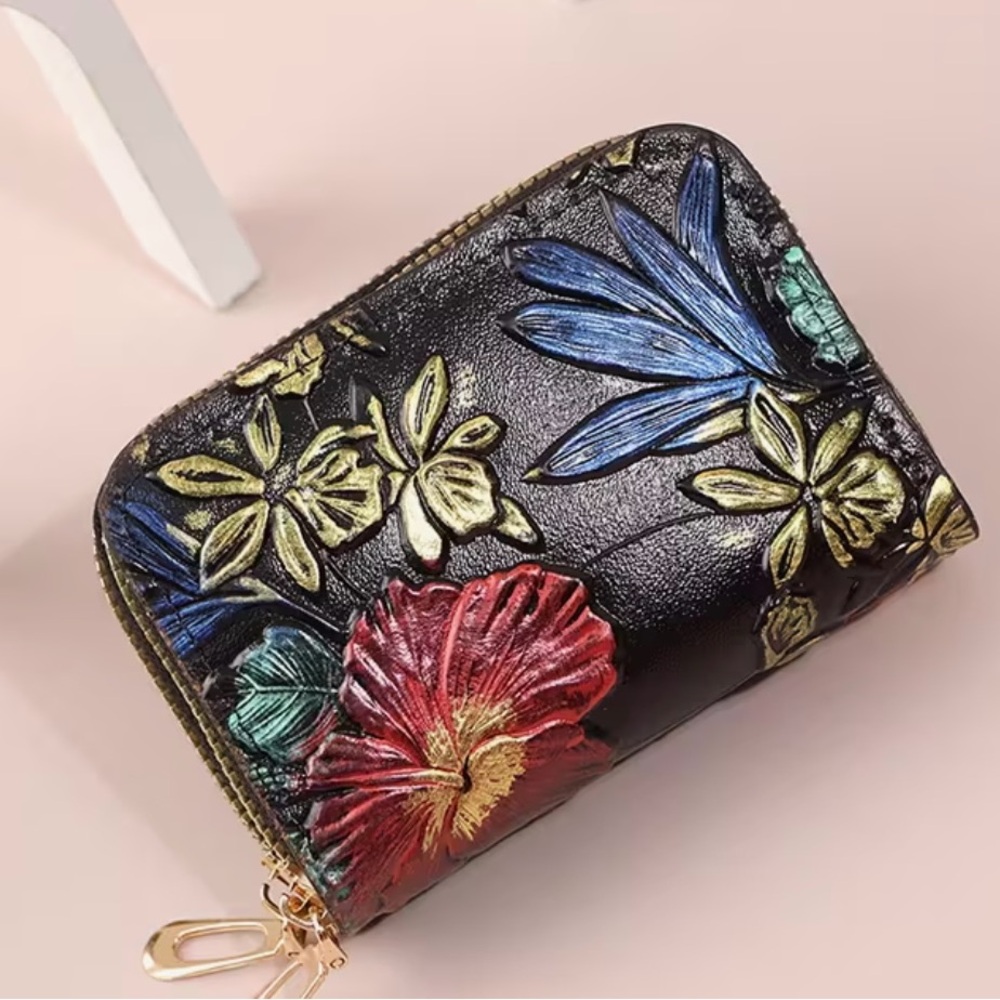Floral Embossed Black Leather Wallet